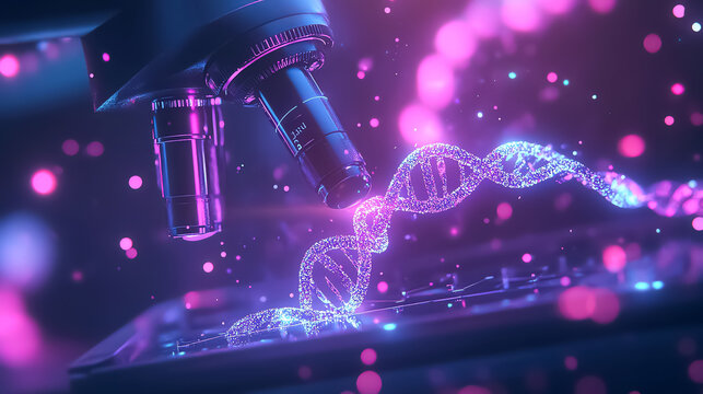 Abstract DNA helix under a microscope in a hightech lab, glowing neon lights, futuristic science, cuttingedge genetic research
