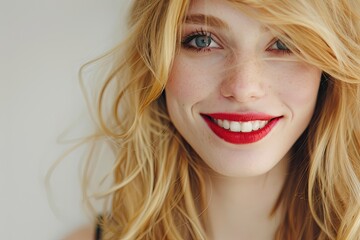 Naklejka premium attractive BLOND YOUNG WOMAN WITH RED LIPS and big SMILE. generative ai