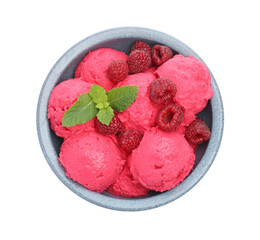 Delicious raspberry sorbet, fresh berries and mint in bowl isolated on white, top view