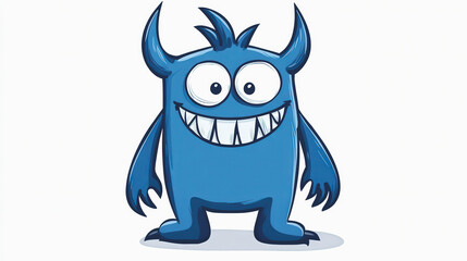 Smiling blue cartoon monster with big eyes, horns, and sharp teeth. Playful and friendly Halloween-themed illustration.