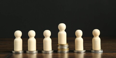 Financial inequality. One wooden figure with bigger stack of coins than others on table. Banner...