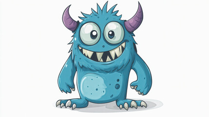 Blue cartoon monster with large eyes, purple horns, sharp teeth, and a wide grin. Playful and spooky Halloween-themed illustration.