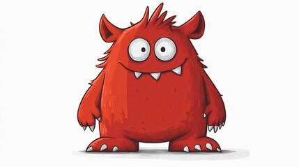 Cute red cartoon monster with big eyes, small horns, and sharp teeth, smiling. Playful Halloween-themed illustration.