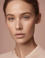 Fototapeta premium close up portrait of a woman wearing a white collared shirt against a pink background.