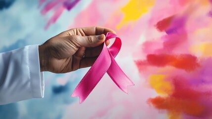 Hand holding a pink ribbon against a colorful background, symbolizing awareness and support for breast cancer.