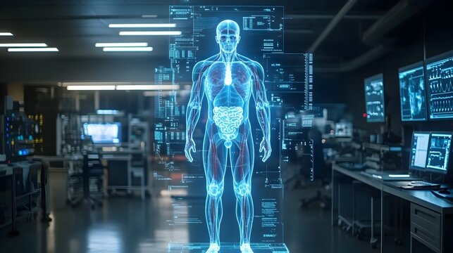 3D Holographic Projection of Human Body Revealing Internal Systems in Advanced Medical Imaging Lab