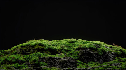 Vibrant green moss on rocks with solid black background