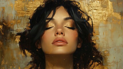 Fototapeta premium Artistic paint of a young woman with soft features and closed eyes, set against a textured golden background, highlighting beauty, elegance, and peace.