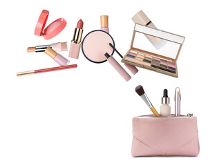 Different makeup products flying out of pink cosmetic bag on white background