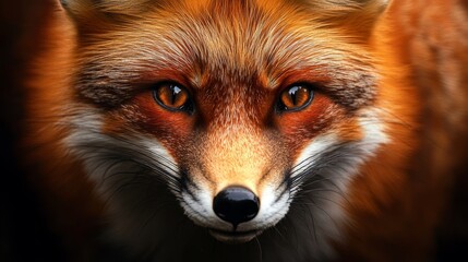 Obraz premium A captivating close-up portrait of a red fox, showcasing its striking amber eyes and intricate facial features. The image captures the fox's alert gaze and its wild, untamed spirit, symbolizing intell