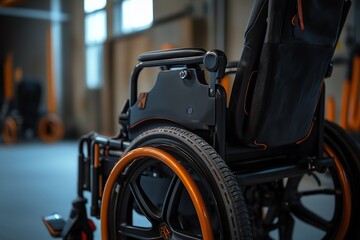 Black wheelchair with orange wheels in a blurry background.
