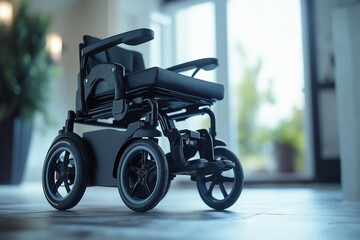 Black electric wheelchair in a home setting, near a sliding glass door.
