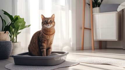 Wide shot of a cat comfortably using a litter box in a designated pet area, with a focus on the cleanliness and organization of the space