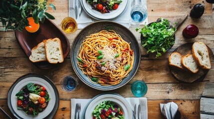 Wide shot of a delicious spaghetti dish served with garlic bread and a side salad, presented on a stylish table setting with colorful tableware