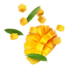 Sweet fresh mango cut in cubes flying on white background