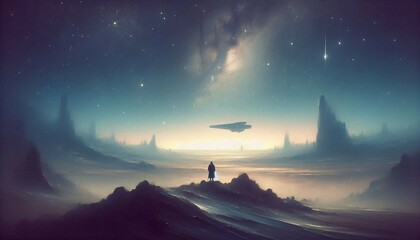 A solitary figure stands atop a hill under a vast starry sky with nebulous clouds, facing a distant, illuminated spaceship hovering above the horizon amidst towering rock formations.