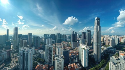 Wide-angle view of a cityscape with multiple high-rise buildings, capturing the architectural diversity and scale of the urban environment