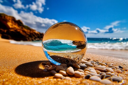 Glass sphere, lying on a beach, filled with grains of sand from faraway shores, whispering stories of distant lands