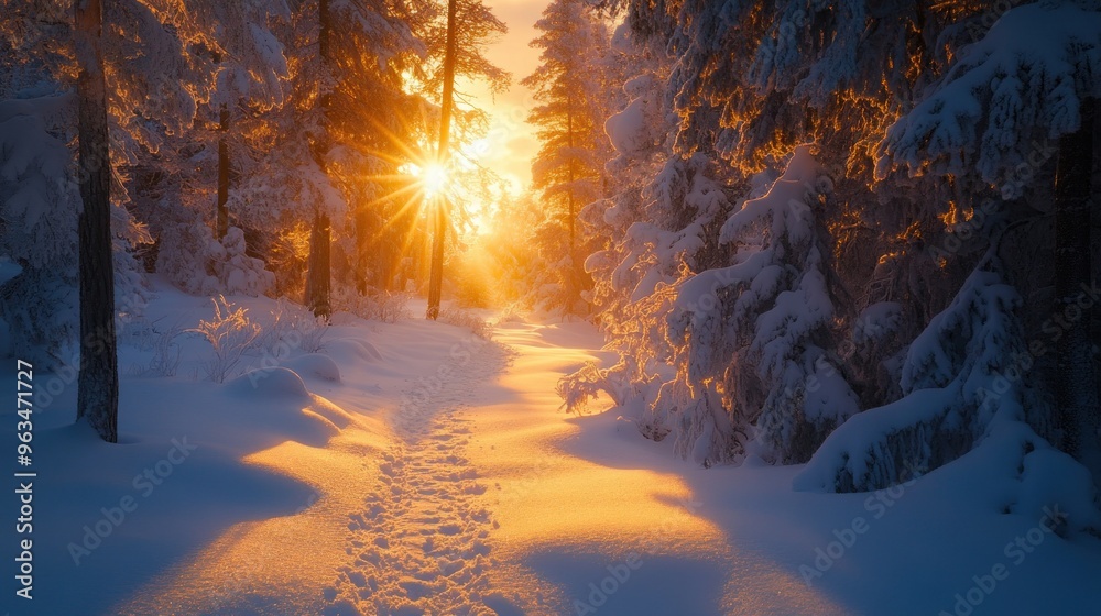 Poster sunlit path through a snowy forest