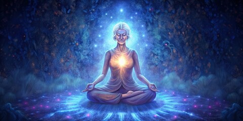 Elderly woman meditates under a galaxy aura at night