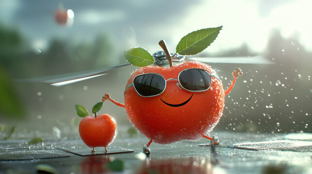 A cheerful red apple character wearing sunglasses and holding a smaller apple, with a happy expression. It is a vibrant and playful image representing health, joy, and good vibes.