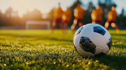 A close-up image of a soccer ball sitting on a green field, with players in the background.  The ball is in focus, while the players are blurred, creating a sense of movement and action.  The image sy