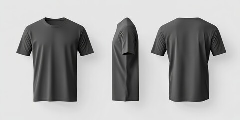 This stylish black tshirt mockup offers front, side, and back views, ideal for showcasing your casual apparel designs on highquality fabric for any clothing brands promotional efforts