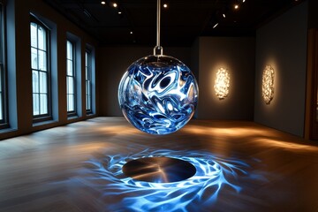 Glass sphere, suspended by invisible threads, gently spinning and casting shifting patterns of light on the walls