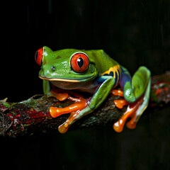 Close up shot of a red eyed tree frog on black