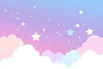 Fototapeta premium In a pastel sky, fluffy clouds float alongside sparkling stars, creating an enchanting atmosphere. The soft colors blend seamlessly, enhancing the charm and inviting peace and tranquility