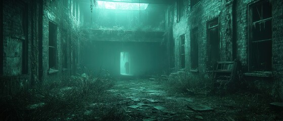 A solitary figure walks through a fog-filled, overgrown abandoned building.