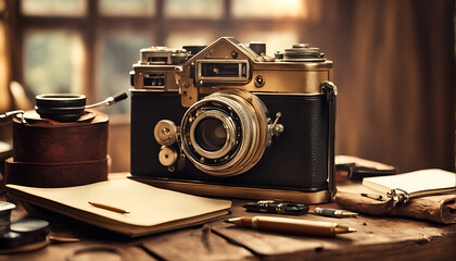The Photographer's Pause: A Vintage Camera Waiting Quietly on a Table Worn by Time