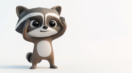 A cute, cartoonish raccoon character with big eyes and raised hands, expressing joy or excitement.