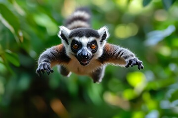 Lemur on a stunt bike, flipping and spinning through the jungle canopy as it performs daring tricks, leaping between branches and trails