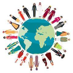 People in traditional dress from different regions standing around a world map. For cultural diversity, global unity, tradition, multiculturalism, world heritage, cultural representation, inclusion.