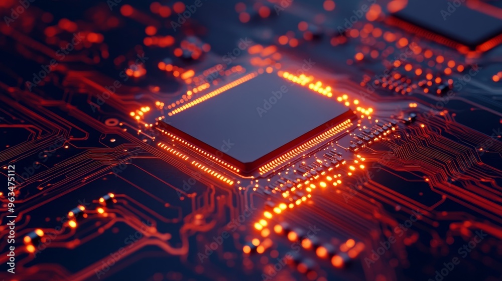 Poster a close-up view of a modern microchip, symbolizing technology, innovation, data processing, artifici