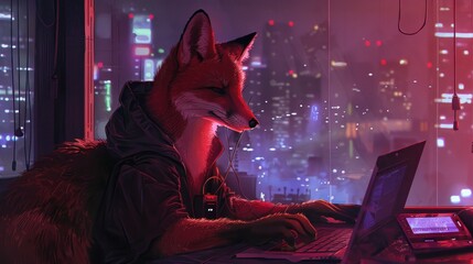 Cyberpunk Fox Working Late at Night
