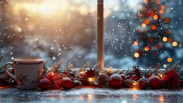 A warm cup of cocoa sits on a snow-covered windowsill with Christmas decorations.