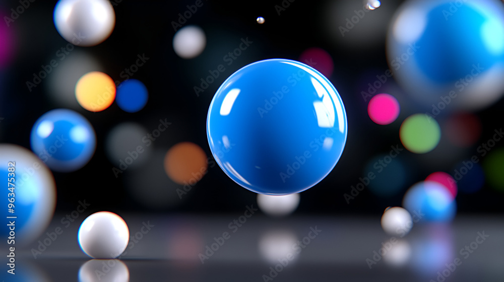 Wall mural colorful floating spheres in a dark background create an abstract visual effect at night