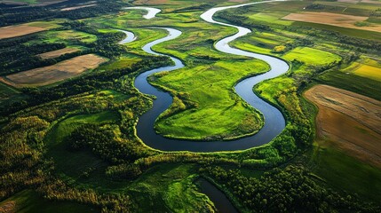 Aerial View of a Serpentine River Winding Through Lush Green Fields and Woodlands