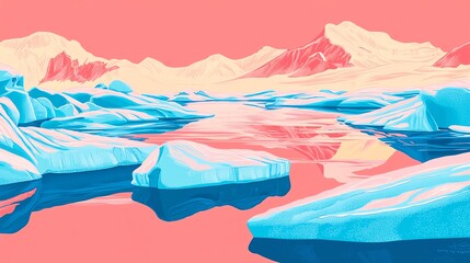 A tranquil landscape featuring icy blue glaciers reflecting in calm water under a vibrant pink sky, creating a serene atmosphere.