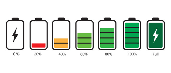 Battery  indicator icon in white background. Fully charged and discharged battery level  icon. Vector illustration.
