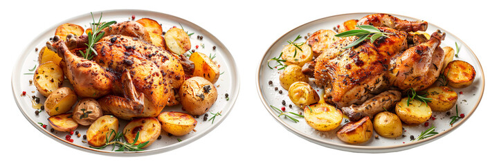 Set of isolated Thanksgiving turkey served on a white plate with potatoes on a transparent background. Isometric view.