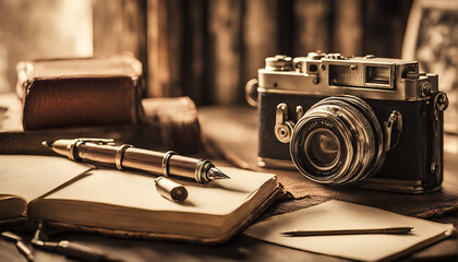 Echoes of the Past: A Vintage Camera Preserving Memories on a Rustic, Sunlit Tabletop