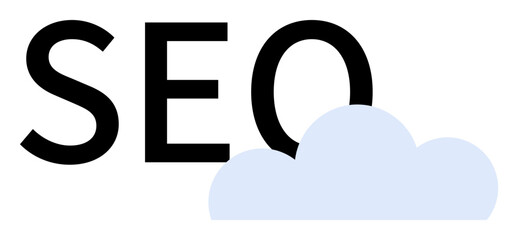 Black SEO text with a light blue cloud positioned in the forefront. Ideal for web design, digital marketing, content creation, online businesses, and SEO tutorials.