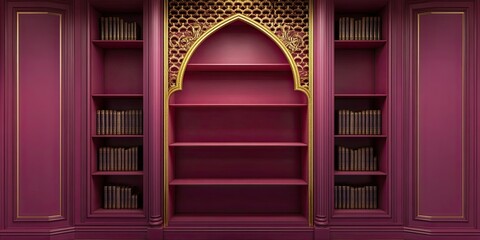 luxury magenta empty wooden bookshelf with gold arabic door ornament 