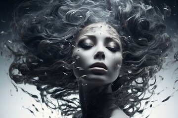 Fototapeta premium A surreal portrait of a figure engulfed in swirling, fragmented memories, capturing the disorienting beauty of a mind lost to dementia.