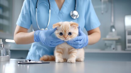 A cute Scottish Fold kitten with big blue eyes sits on an examination table while a veterinarian gently examines it. The kitten's folded ears and fluffy fur are highlighted, symbolizing cuteness, gent