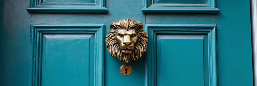 A decorative and elegant brass lion head door knocker on a teal door. The lion's head symbolizes strength, courage, and protection, making it a perfect addition to any home. This door knocker is a bea