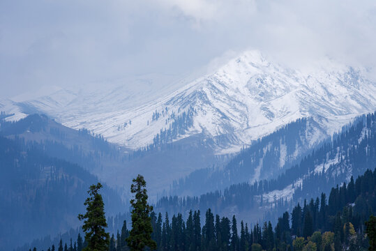 Serene Landscape of majestic Pir Panjal mountain range of Himalayas in kashmir valley from Koongdoori view point in Gulmarg hill station, Baramula, India.